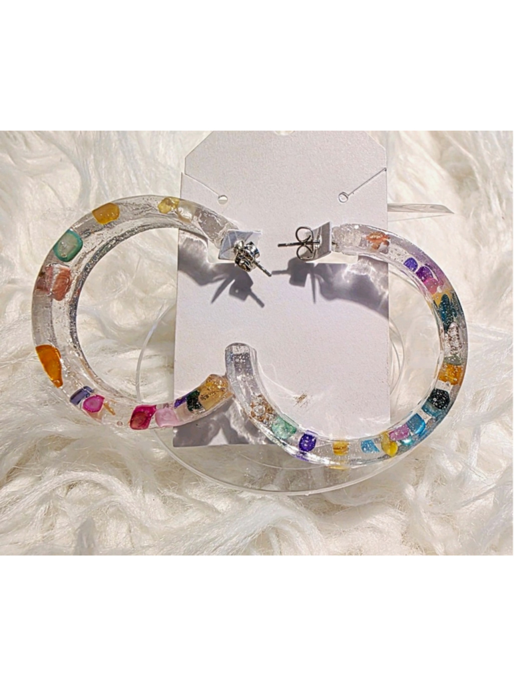 Handcrafted Clear Resin Round Hoop Earrings, MulticoloredButterfly Closure